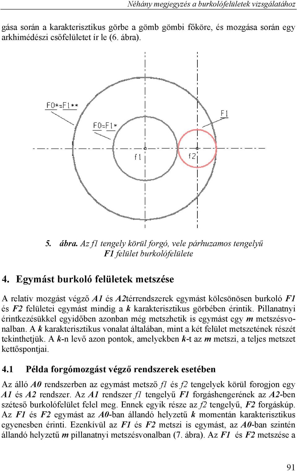 Egymást burkoló felületek metszése A relatív mozgást végző A1 és A2térrendszerek egymást kölcsönösen burkoló F1 és F2 felületei egymást mindig a k karakterisztikus görbében érintik.