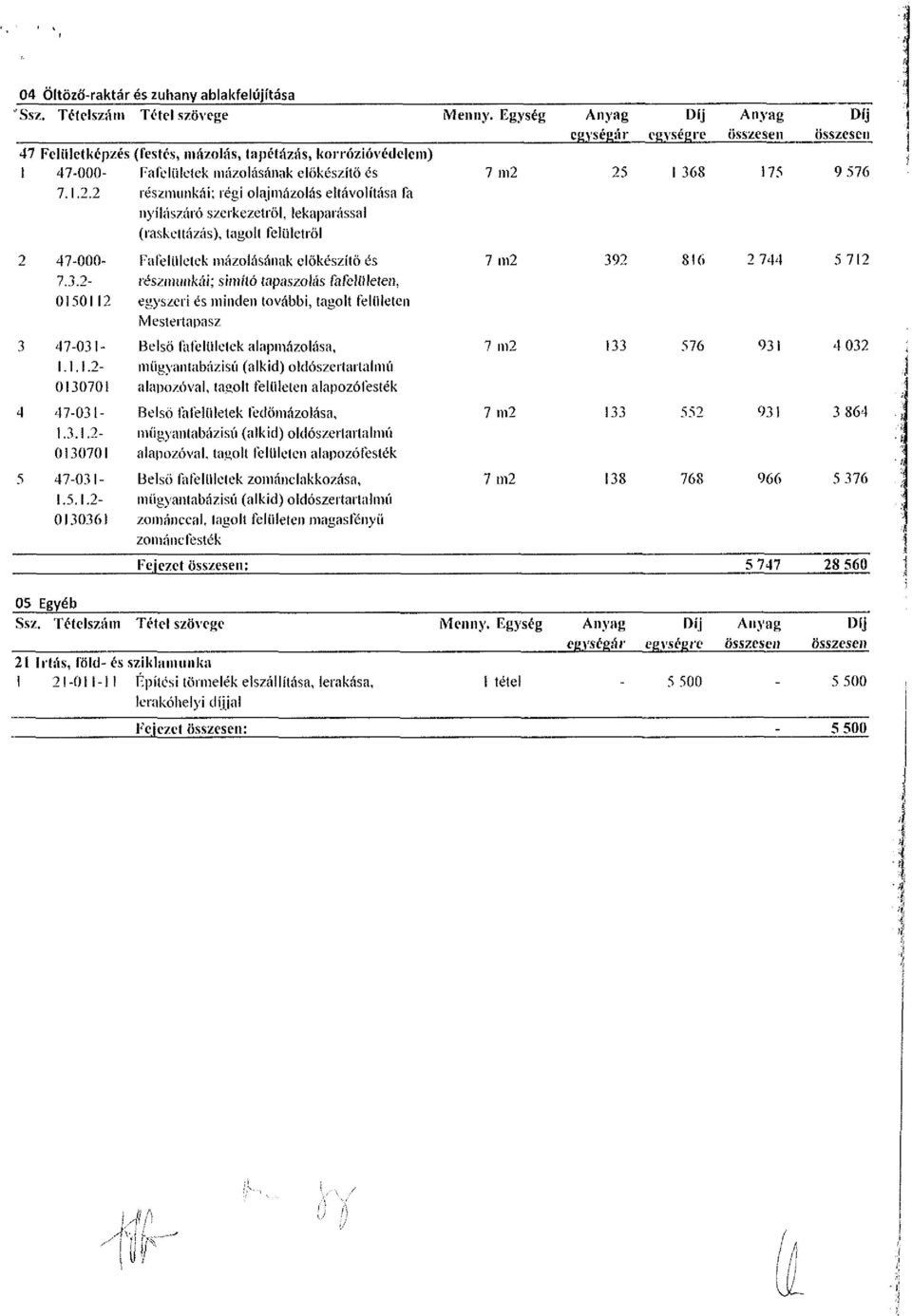 1.2.2 részmunkái; régi olajmázolás eltávolítása fa nyílászáró szerkezetről, lekaparással (raskettázás), tagolt felületről 2 47-000- Fafelületek mázolásának előkészítő és 7 m2 39