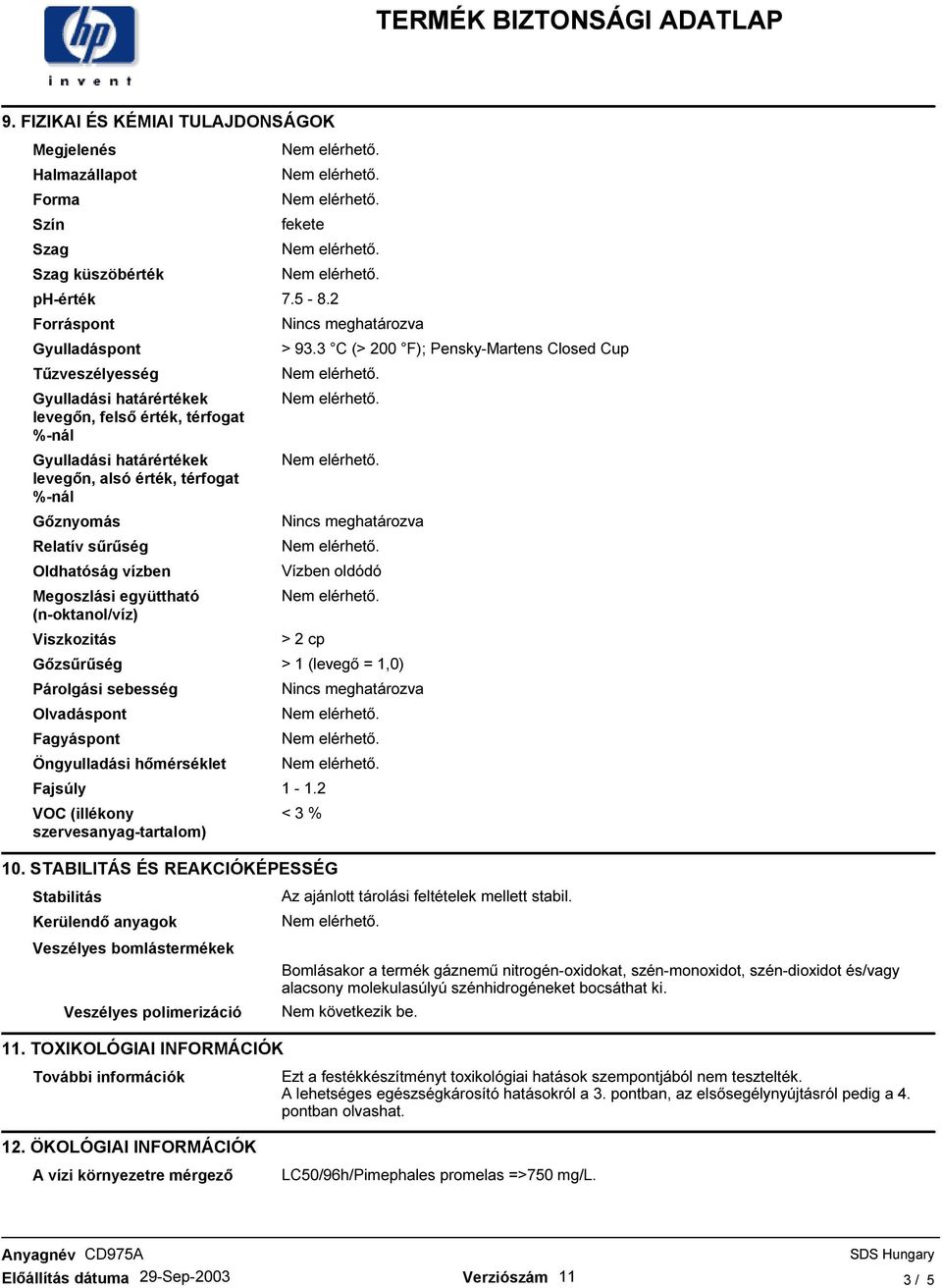 Olvadáspont Fagyáspont Öngyulladási hımérséklet Fajsúly VOC (illékony szervesanyag-tartalom) fekete 7.5-8.2 > 93.3 C (> 200 F); Pensky-Martens Closed Cup Vízben oldódó > 2 cp > 1 (levegı = 1,0) 1-1.