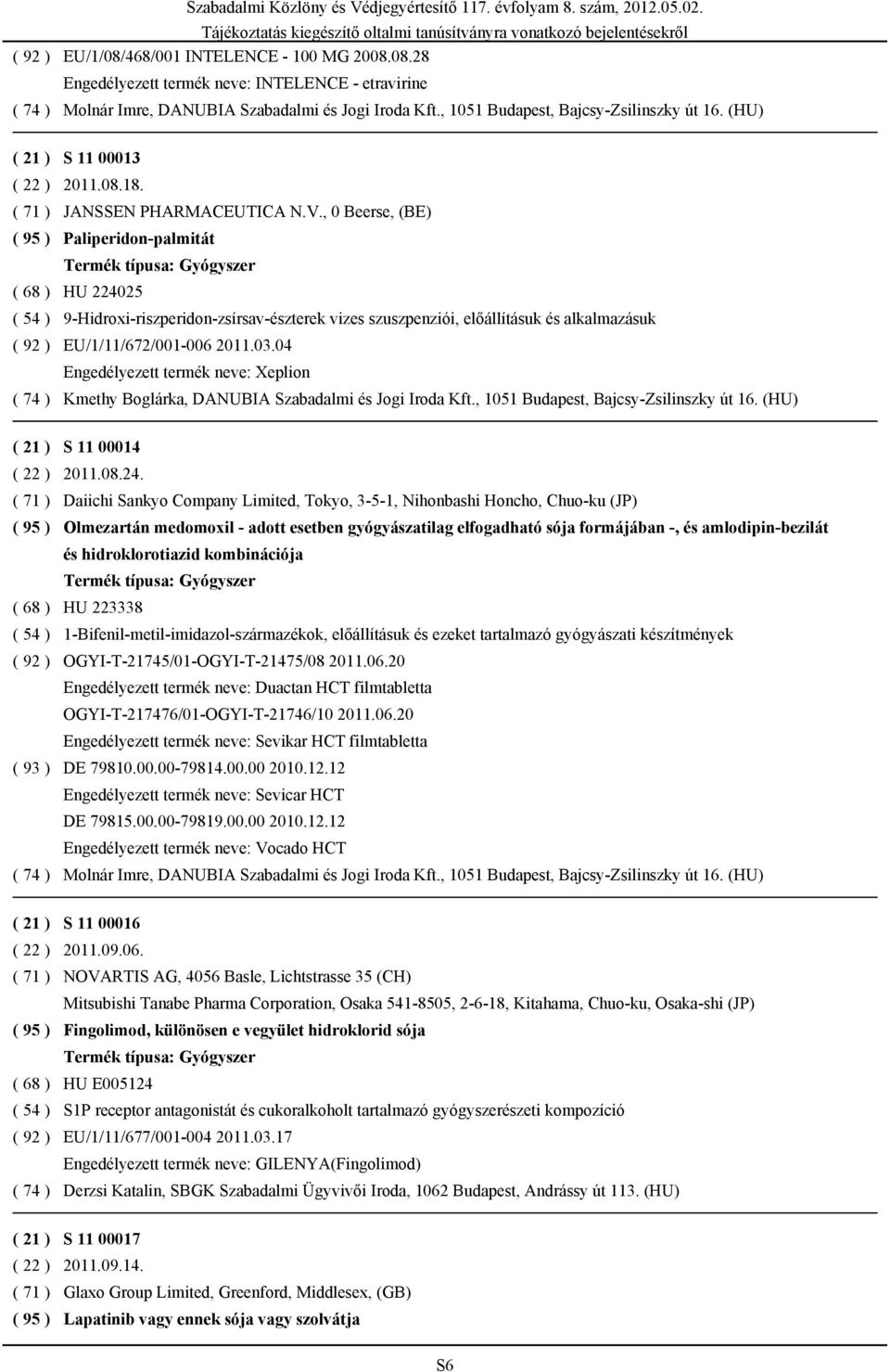 , 0 Beerse, (BE) Paliperidon-palmitát HU 224025 9-Hidroxi-riszperidon-zsírsav-észterek vizes szuszpenziói, előállításuk és alkalmazásuk EU/1/11/672/001-006 2011.03.