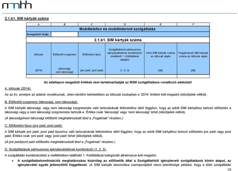 megadott értékek nem tartalmazhatják az M2M szolgáltatásra vonatkozó adatokat! A. Időszak (2014): Az az év, amelyre az adatok vonatkoznak.