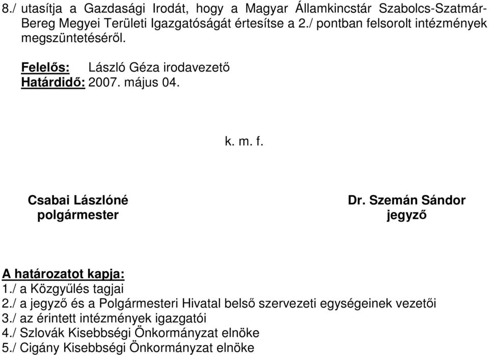 Szemán Sándor jegyző A határozatot kapja: 1./ a Közgyűlés tagjai 2.