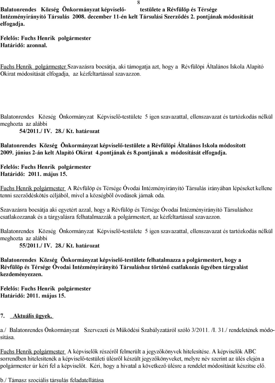 Balatonrendes Község Önkormányzat Képviselő-testülete 5 igen szavazattal, ellenszavazat és tartózkodás nélkül meghozta az alábbi 54/2011./ IV. 28./ Kt.