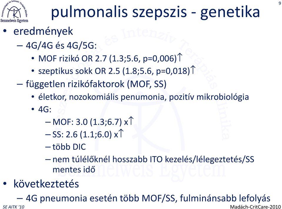 6, p=0,018) független rizikófaktorok (MOF, SS) életkor, nozokomiális penumonia, pozitív mikrobiológia 4G: