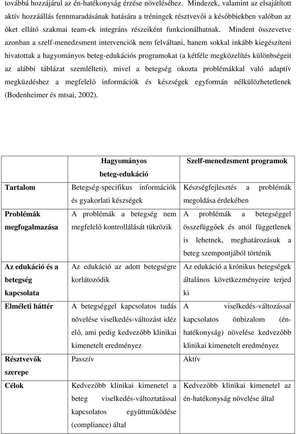 Mindent összevetve azonban a szelf-menedzsment intervenciók nem felváltani, hanem sokkal inkább kiegészíteni hivatottak a hagyományos beteg-edukációs programokat (a kétféle megközelítés különbségeit