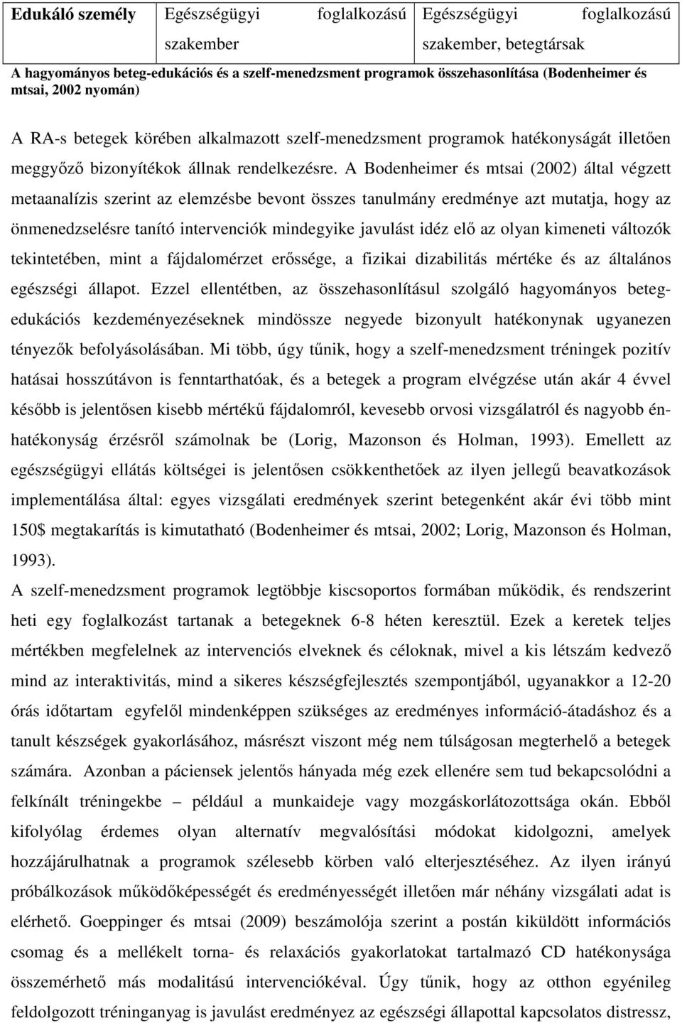 A Bodenheimer és mtsai (2002) által végzett metaanalízis szerint az elemzésbe bevont összes tanulmány eredménye azt mutatja, hogy az önmenedzselésre tanító intervenciók mindegyike javulást idéz elő