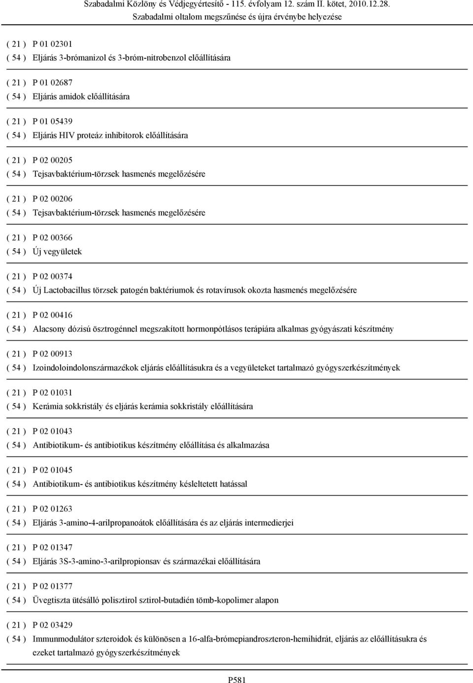 ) P 02 00374 ( 54 ) Új Lactobacillus törzsek patogén baktériumok és rotavírusok okozta hasmenés megelőzésére ( 21 ) P 02 00416 ( 54 ) Alacsony dózisú ösztrogénnel megszakított hormonpótlásos