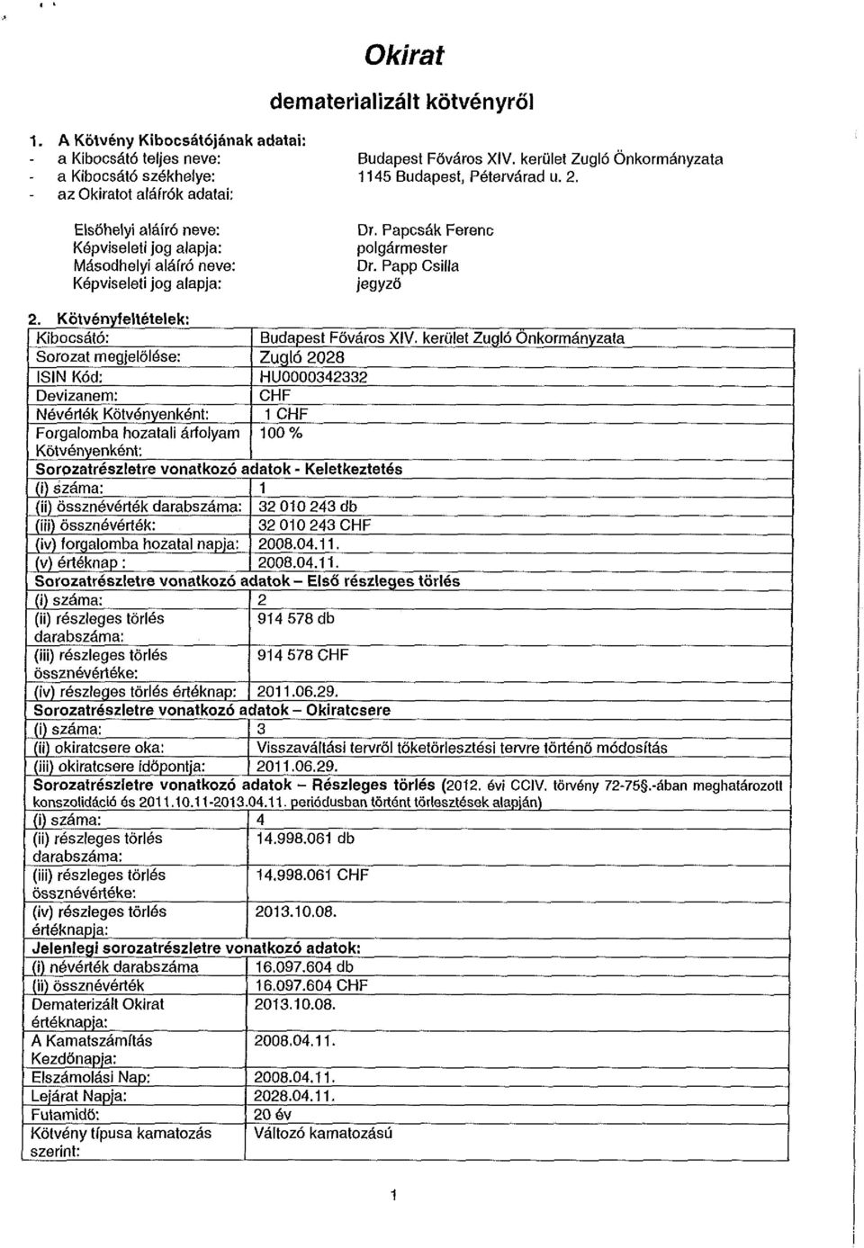 alapja: Budapest Főváros XIV. kerület Zugló Önkormányzata 1145 Budapest, Pétervárad u. 2. Dr. Papcsák Ferenc polgármester Dr. Papp Csilla jegyző 2. Kötvényfeltételek: Kibocsátó: Budapest Főváros XIV.