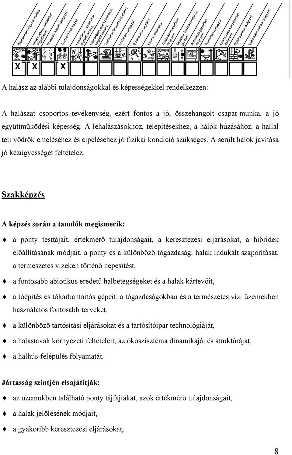 Szakképzés A képzés során a tanulók megismerik: a ponty testtájait, értékmérő tulajdonságait, a keresztezési eljárásokat, a hibridek előállításának módjait, a ponty és a különböző tógazdasági halak