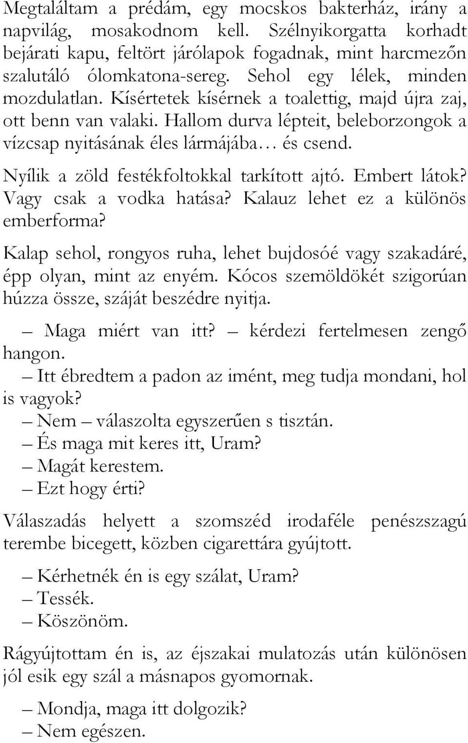 Nyílik a zöld festékfoltokkal tarkított ajtó. Embert látok? Vagy csak a vodka hatása? Kalauz lehet ez a különös emberforma?