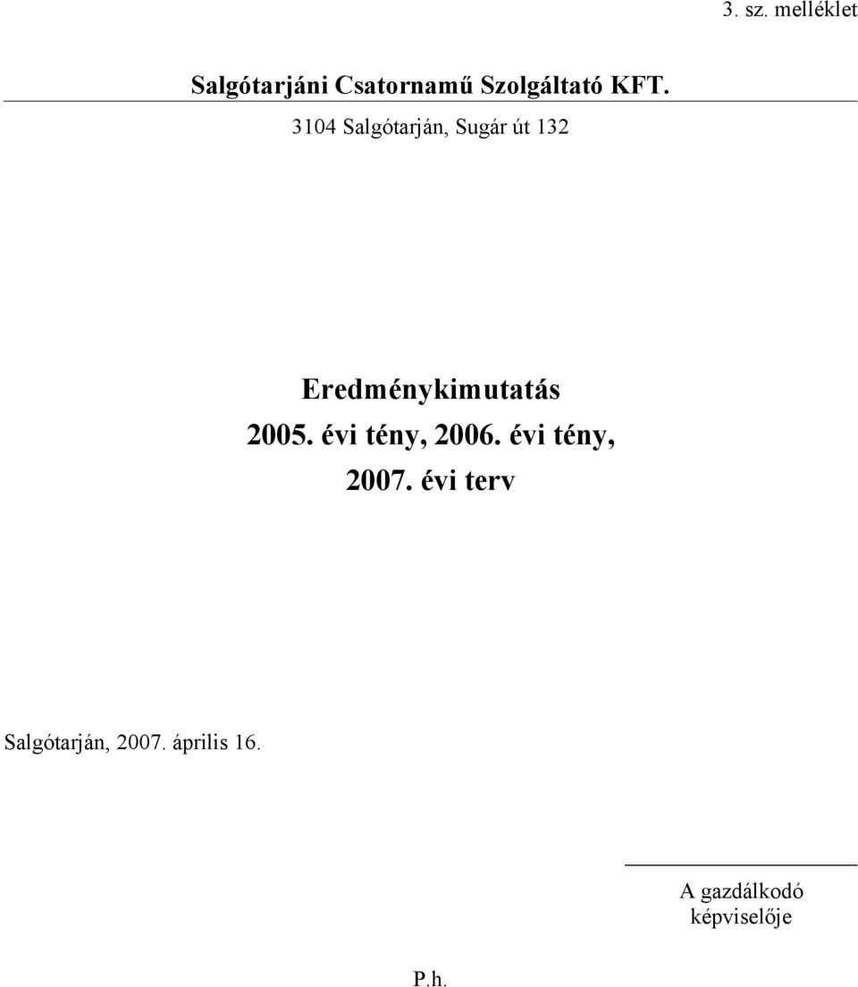 3104 Salgótarján, Sugár út 132 Eredménykimutatás 2005.