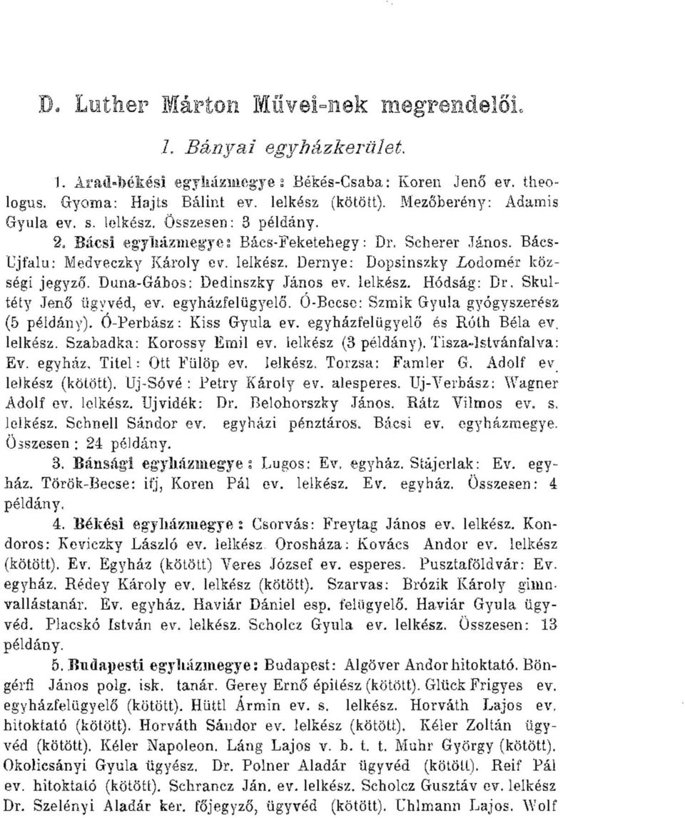 Duna-Gábos: Dedinszky János ev. lelkész. Hódság: Dr. Skultéty Jenő ügyvéd, ev. egyházfelügyelő. Ó-Becse: Szmik Gyula gyógyszerész (5 példány). Ó-Perbász: Kiss Gyula ev.