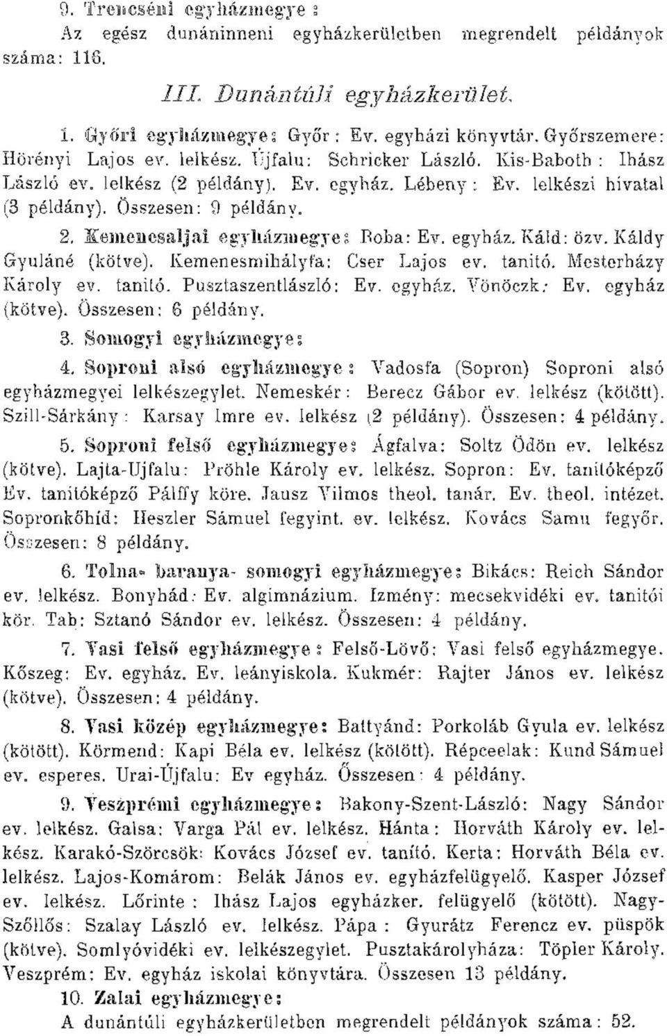 Kemenesalja! egyházmegye: Boba: Ev. egyház. Káld: özv. Káldy Gyuláné (kötve). Kemenesmihályfa: Cser Lajos ev. tanitó. Mesterházy Károly ev. tanitó. Pusztaszentlászló: Ev. egyház. Vönöezk: Ev.