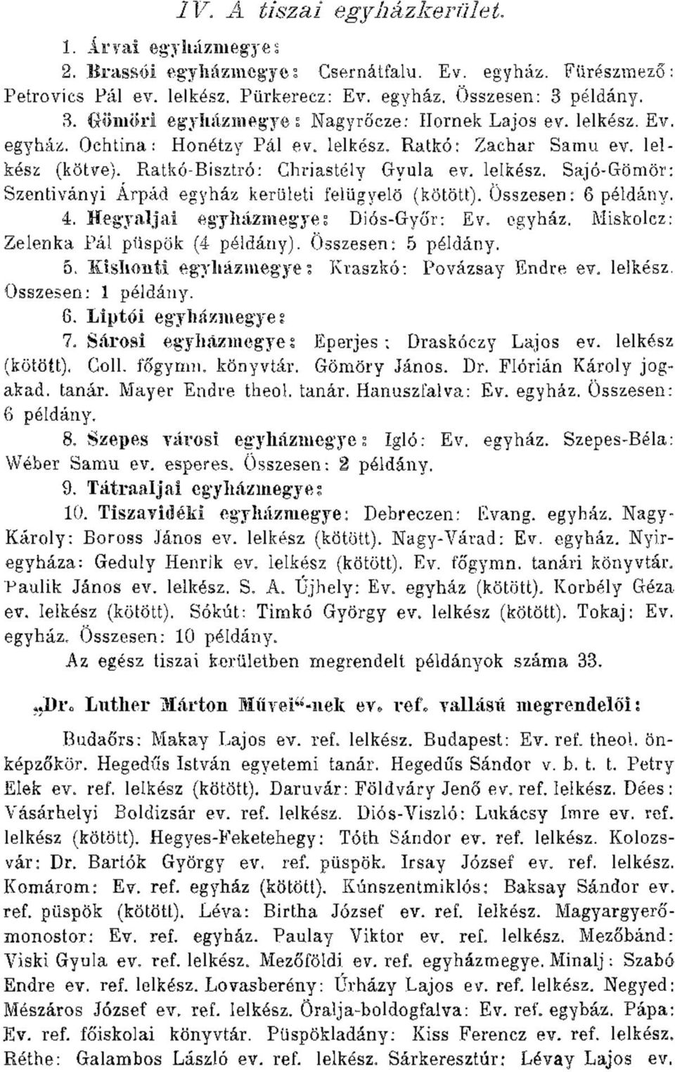 Összesen: 6 példány. 4. Hegyaljai egyházmegye: Diós-Győr: Ev. egyház. Miskolcz: Zelenka Pál püspök (4 példány). Összesen: 5 példány. 5. Kishont! egyházmegye: Kraszkó: Povázsay Endre ev. lelkész.