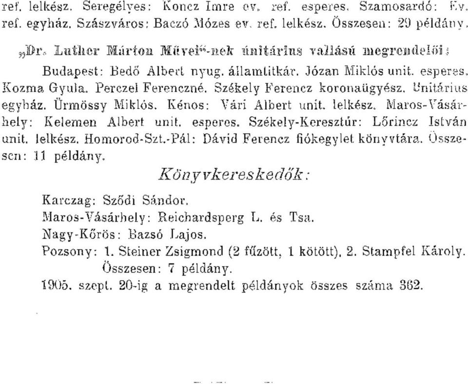 Unitárius egyház. Ürmössy Miklós. Kénos: Vári Albert unit. lelkész. Maros-Vásárhely: Kelemen Albert unit. esperes. Székely-Keresztár: Lőrincz István unit. lelkész. Homorod-Szt.