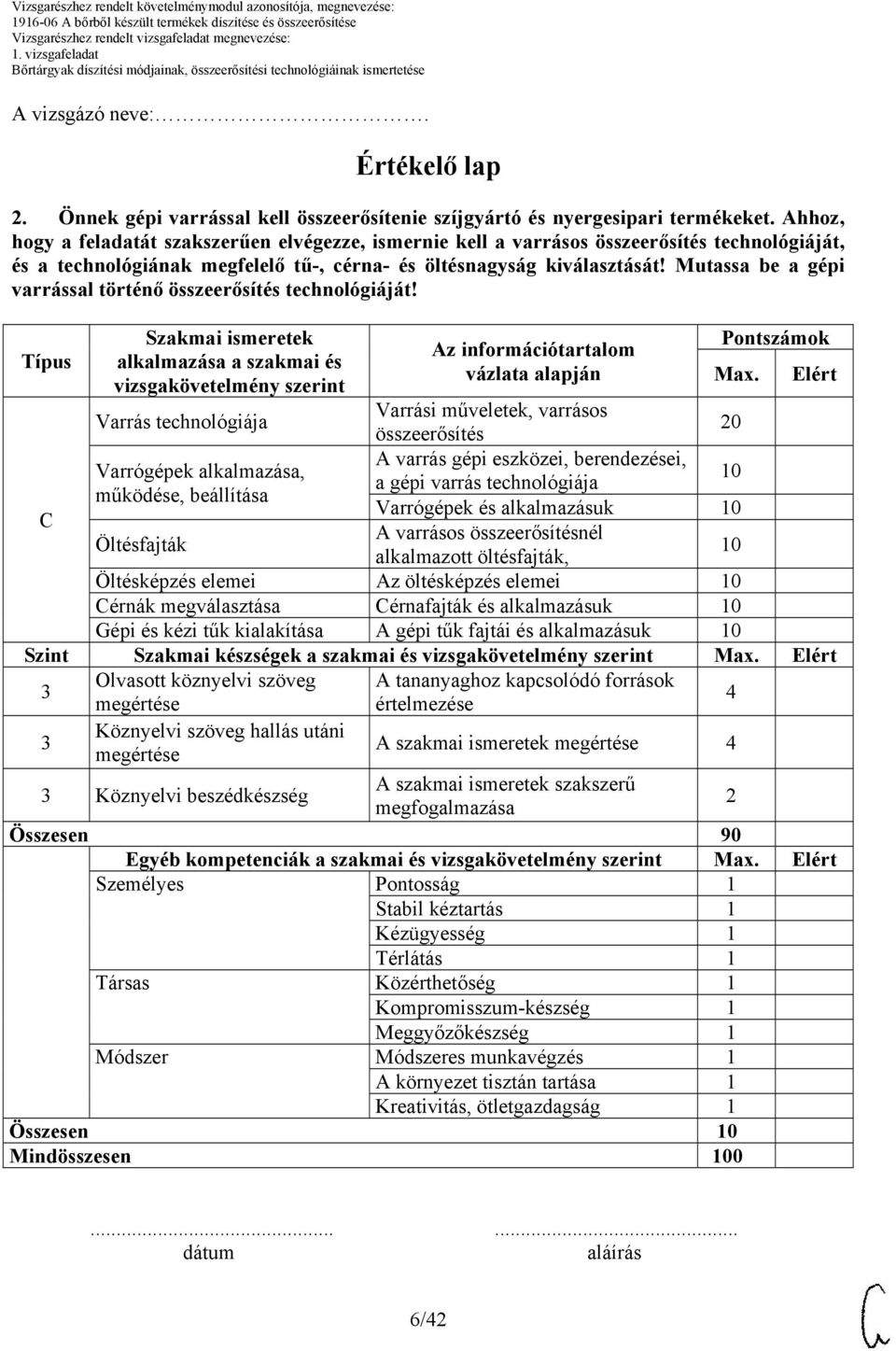 Mutassa be a gépi varrással történő összeerősítés technológiáját! Típus Szakmai ismeretek alkalmazása a szakmai és vizsgakövetelmény szerint Az információtartalom vázlata alapján Pontszámok Max.