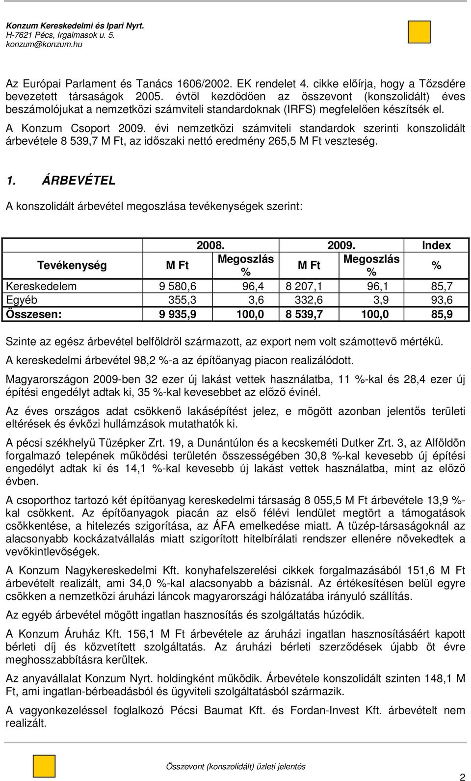 évi nemzetközi számviteli standardok szerinti konszolidált árbevétele 8 539,7 M Ft, az idıszaki nettó eredmény 265,5 M Ft veszteség. 1.