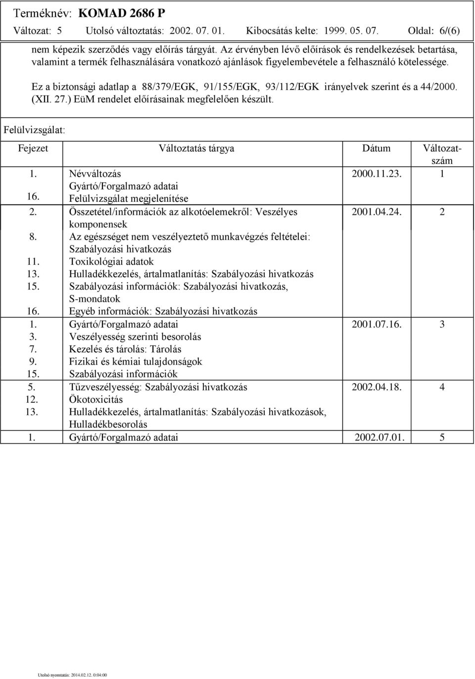 Ez a biztonsági adatlap a 88/379/EGK, 91/155/EGK, 93/112/EGK irányelvek szerint és a 44/2000. (XII. 27.) EüM rendelet előírásainak megfelelően készült.