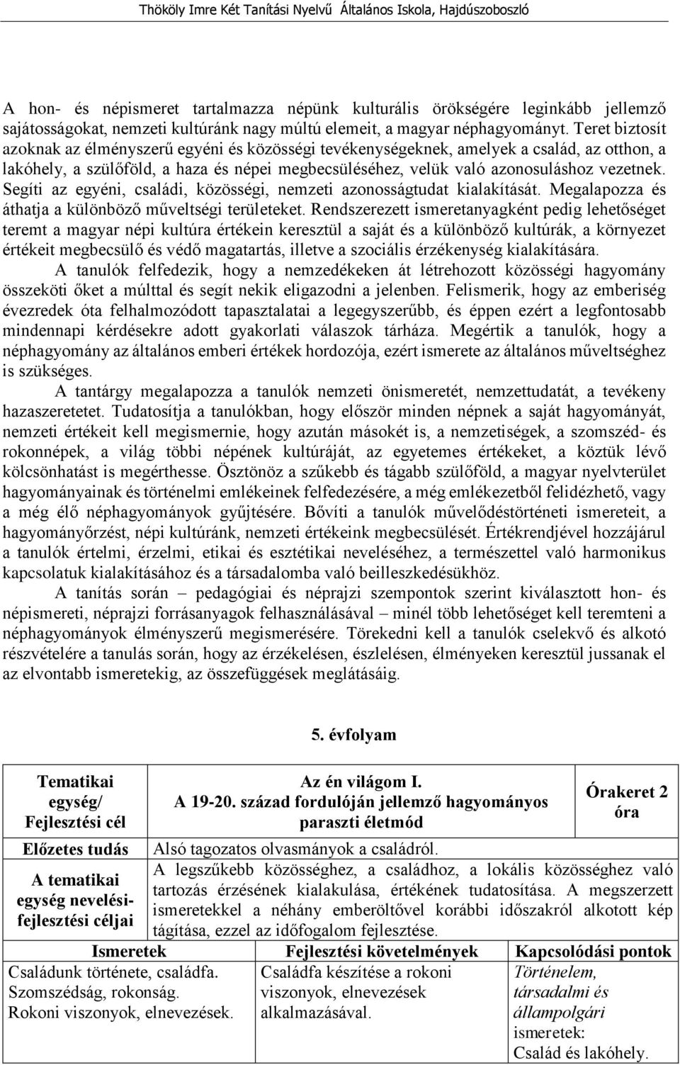 Segíti az egyéni, családi, közösségi, nemzeti azonosságtudat kialakítását. Megalapozza és áthatja a különböző műveltségi területeket.