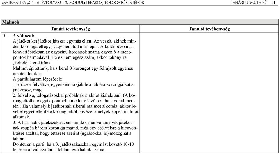 Ha ez nem egész szám, akkor többnyire,,felfelé kerekítünk. Malmot építettünk, ha sikerül 3 korongot egy felrajzolt egyenes mentén lerakni. A partik három lépcsősek: 1.