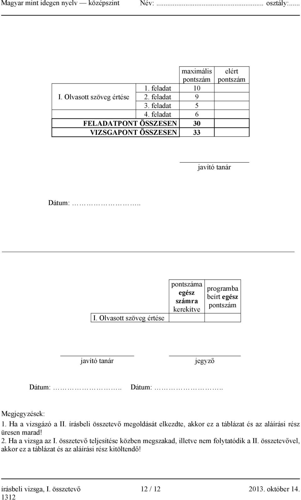 Olvasott szöveg értése pontszáma egész számra kerekítve programba beírt egész pontszám javító tanár jegyző Dátum:.. Dátum:.. Megjegyzések: 1. Ha a vizsgázó a II.