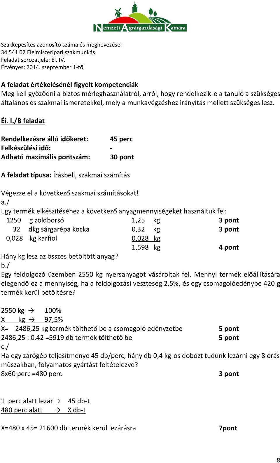 /B feladat Rendelkezésre álló időkeret: 45 perc Adható maximális pontszám: 30 pont A feladat típusa: Írásbeli, szakmai számítás Végezze el a 