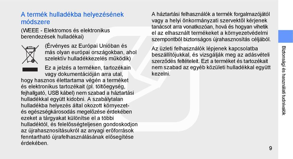 töltőegység, fejhallgató, USB kábel) nem szabad a háztartási hulladékkal együtt kidobni.