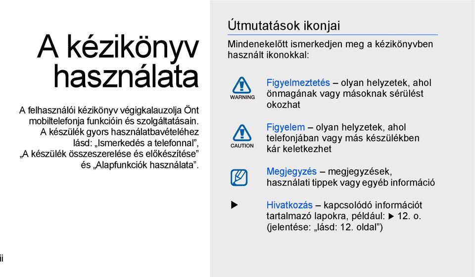 Útmutatások ikonjai Mindenekelőtt ismerkedjen meg a kézikönyvben használt ikonokkal: Figyelmeztetés olyan helyzetek, ahol önmagának vagy másoknak sérülést okozhat