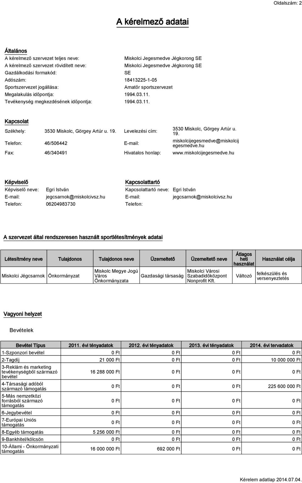 19. Levelezési cím: Telefon: 46/506442 E-mail: 3530 Miskolc, Görgey Artúr u. 19. miskolcijegesmedve@