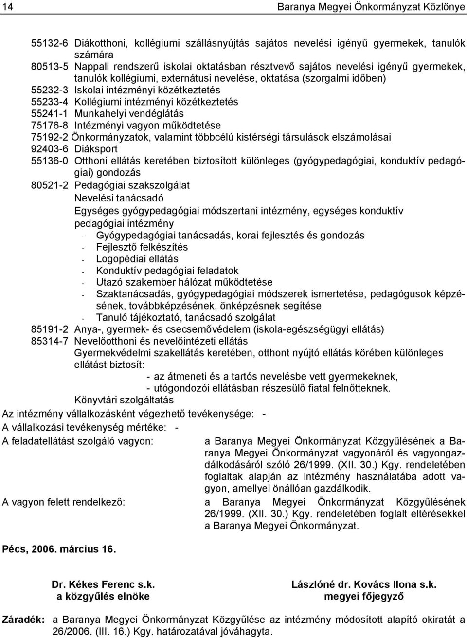 Munkahelyi vendéglátás 75176-8 Intézményi vagyon működtetése 75192-2 Önkormányzatok, valamint többcélú kistérségi társulások elszámolásai 92403-6 Diáksport 55136-0 Otthoni ellátás keretében