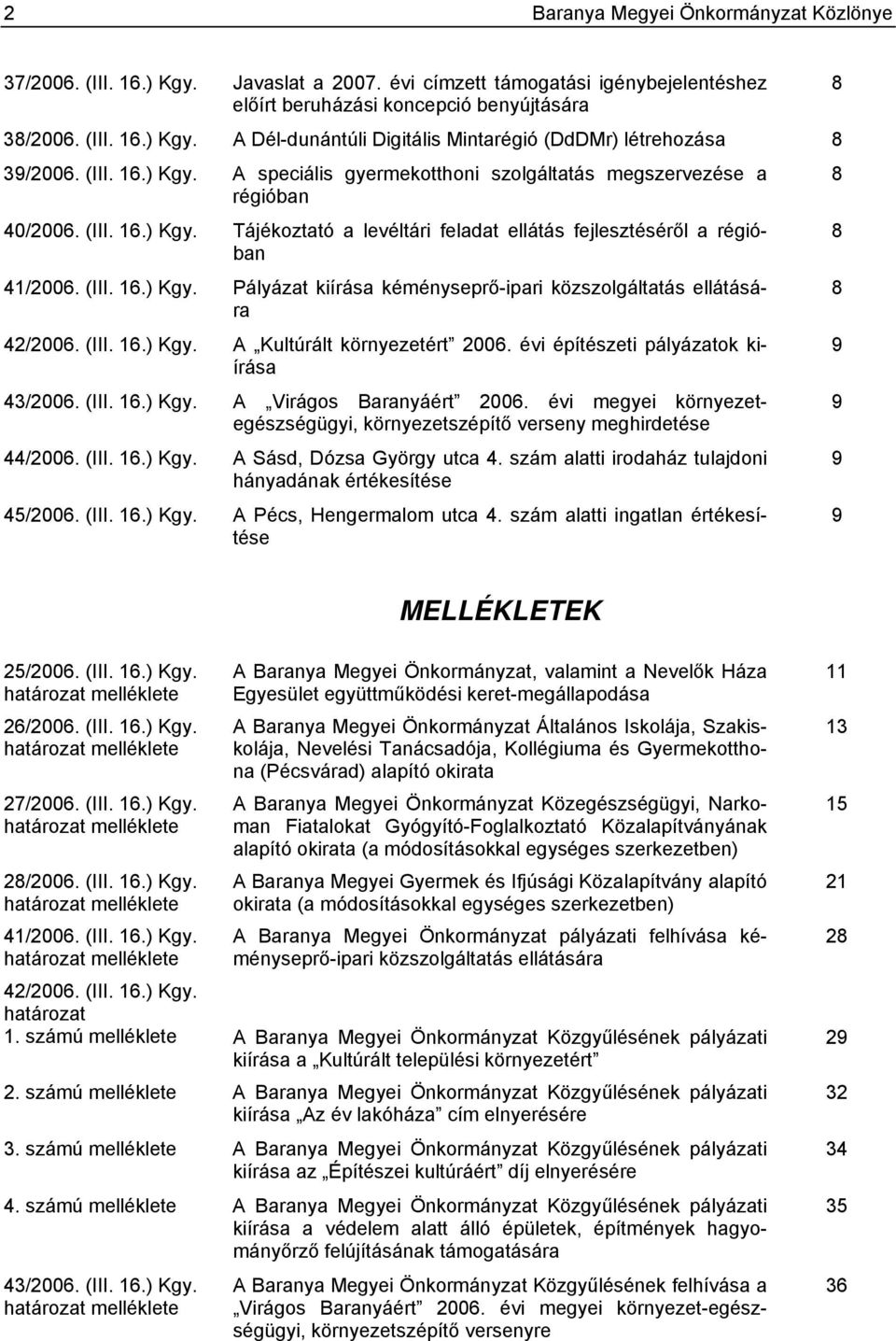 (III. 16.) Kgy. A Kultúrált környezetért 2006. évi építészeti pályázatok kiírása 9 43/2006. (III. 16.) Kgy. A Virágos Baranyáért 2006.