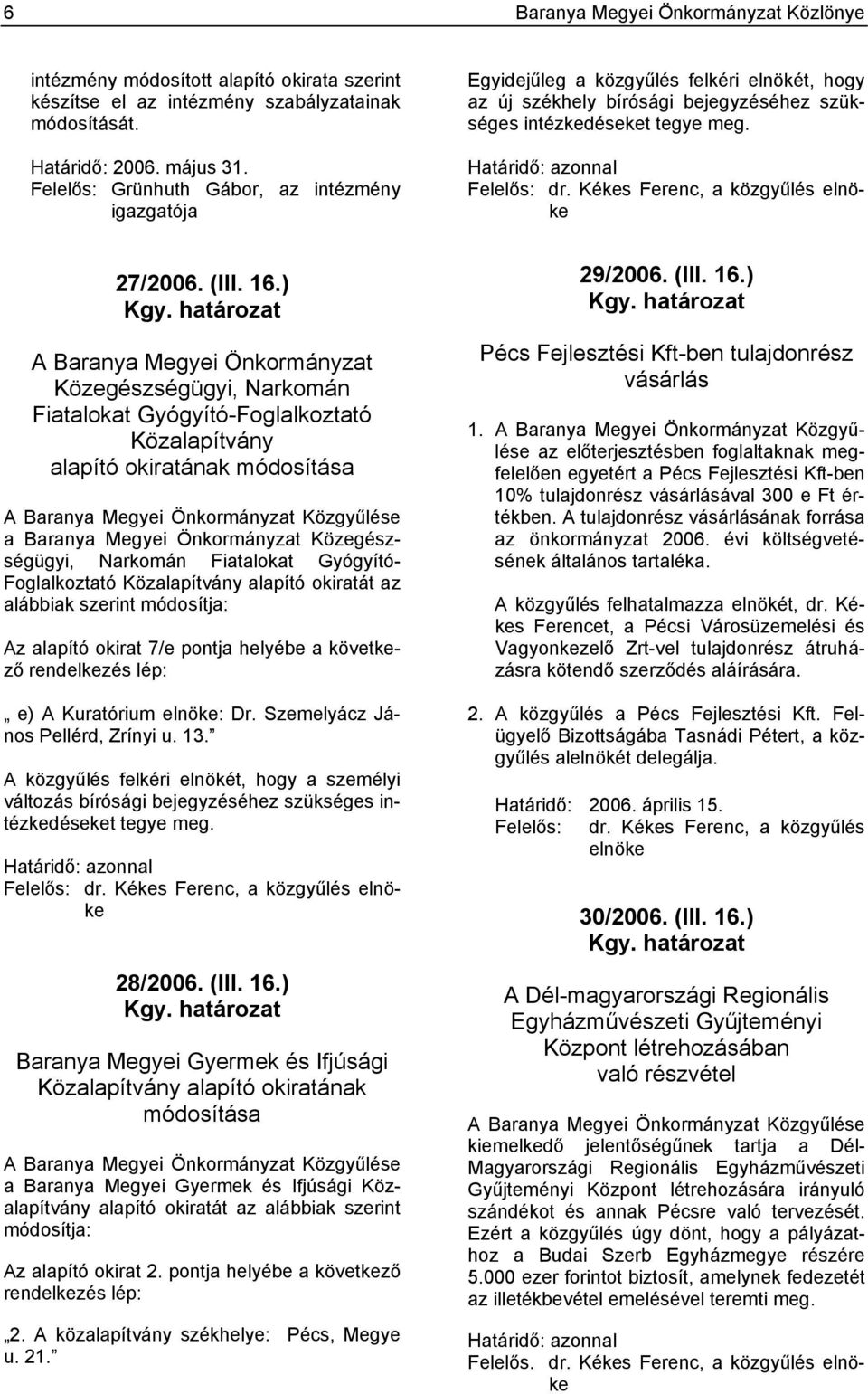 Kékes Ferenc, a közgyűlés elnöke 27/2006. (III. 16.) Kgy.