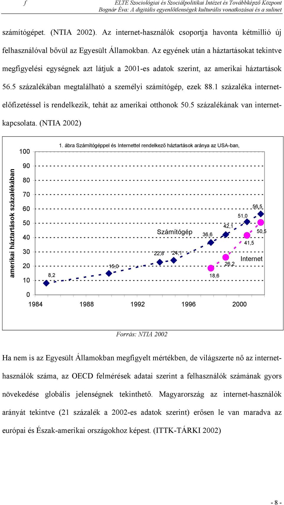1 százaléka internetelőfizetéssel is rendelkezik, tehát az amerikai otthonok 50.5 százalékának van internetkapcsolata. (NTIA 2002) 100 1.