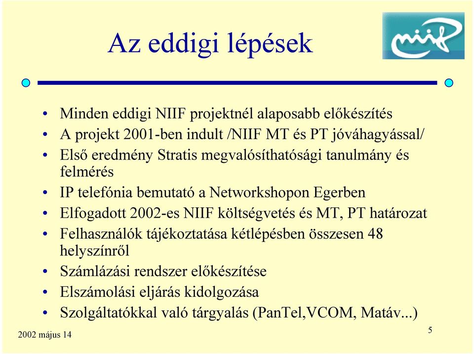 Egerben Elfogadott 2002-es NIIF költségvetés és MT, PT határozat Felhasználók tájékoztatása kétlépésben összesen 48