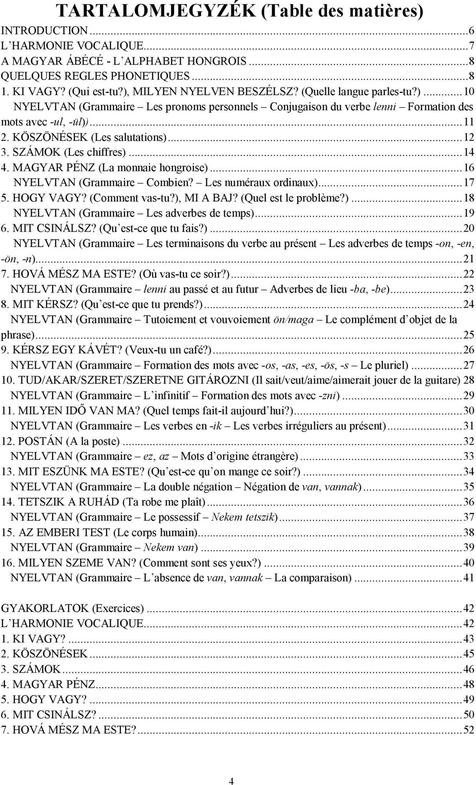 KÖSZÖNÉSEK (Les salutations)...12 3. SZÁMOK (Les chiffres)...14 4. MAGYAR PÉNZ (La monnaie hongroise)...16 NYELVTAN (Grammaire Combien? Les numéraux ordinaux)...17 5. HOGY VAGY? (Comment vas-tu?