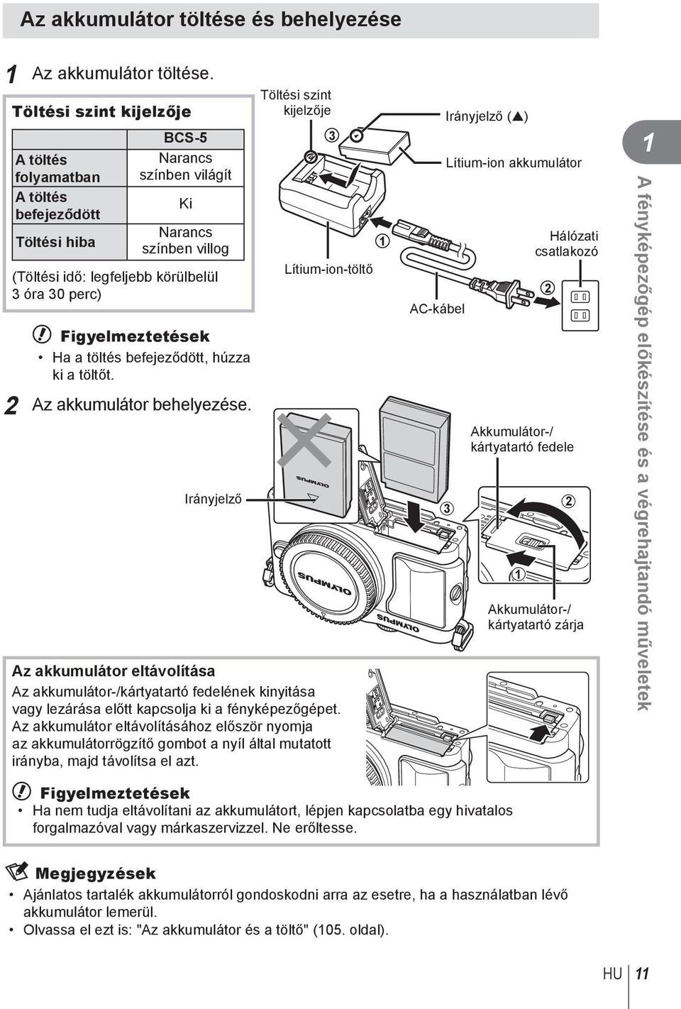 Figyelmeztetések Ha a töltés befejeződött, húzza ki a töltőt. Az akkumulátor behelyezése.