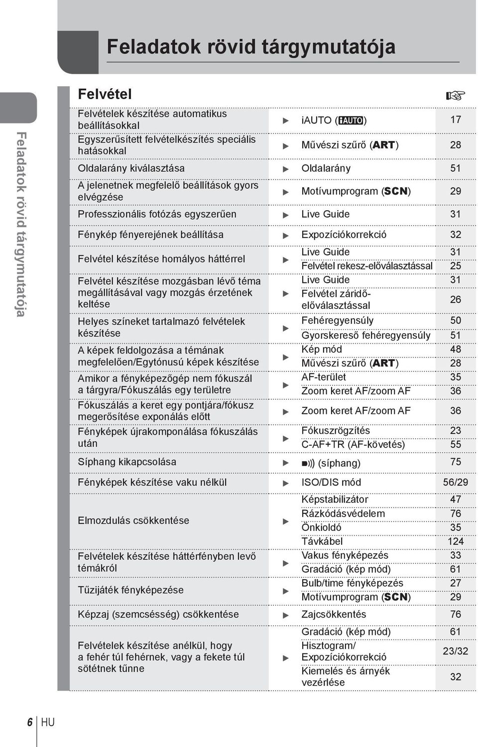 Expozíciókorrekció Felvétel készítése homályos háttérrel Live Guide Felvétel rekesz-előválasztással 5 Felvétel készítése mozgásban lévő téma Live Guide megállításával vagy mozgás érzetének Felvétel