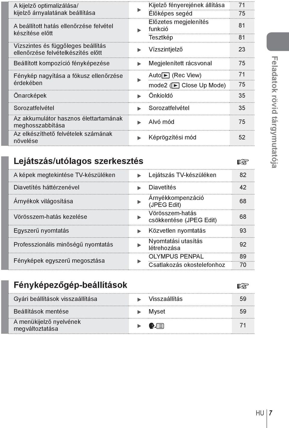 Autoq (Rec View) 7 érdekében mode (q Close Up Mode) 75 Önarcképek Önkioldó 5 Sorozatfelvétel Sorozatfelvétel 5 Az akkumulátor hasznos élettartamának meghosszabbítása Alvó mód 75 Az elkészíthető