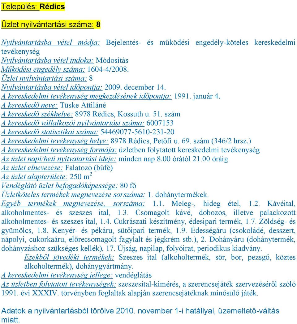 szám A kereskedő vállalkozói nyilvántartási száma: 6007153 A kereskedő statisztikai száma: 54469077-5610-231-20 A kereskedelmi helye: 8978 Rédics, Petőfi u. 69. szám (346/2 hrsz.