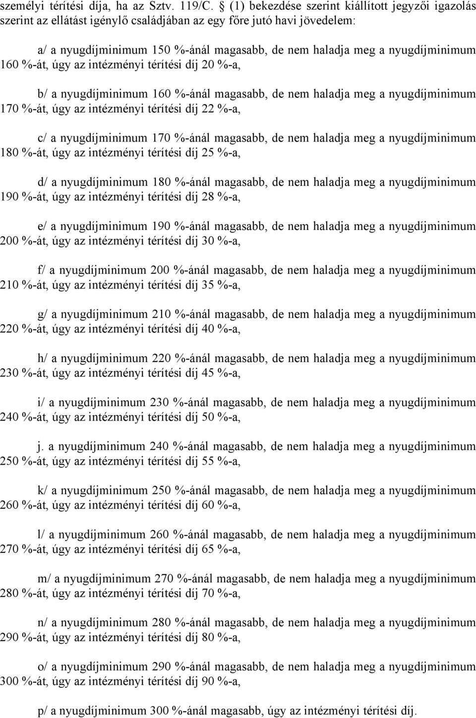 160 %-át, úgy az intézményi térítési díj 20 %-a, b/ a nyugdíjminimum 160 %-ánál magasabb, de nem haladja meg a nyugdíjminimum 170 %-át, úgy az intézményi térítési díj 22 %-a, c/ a nyugdíjminimum 170