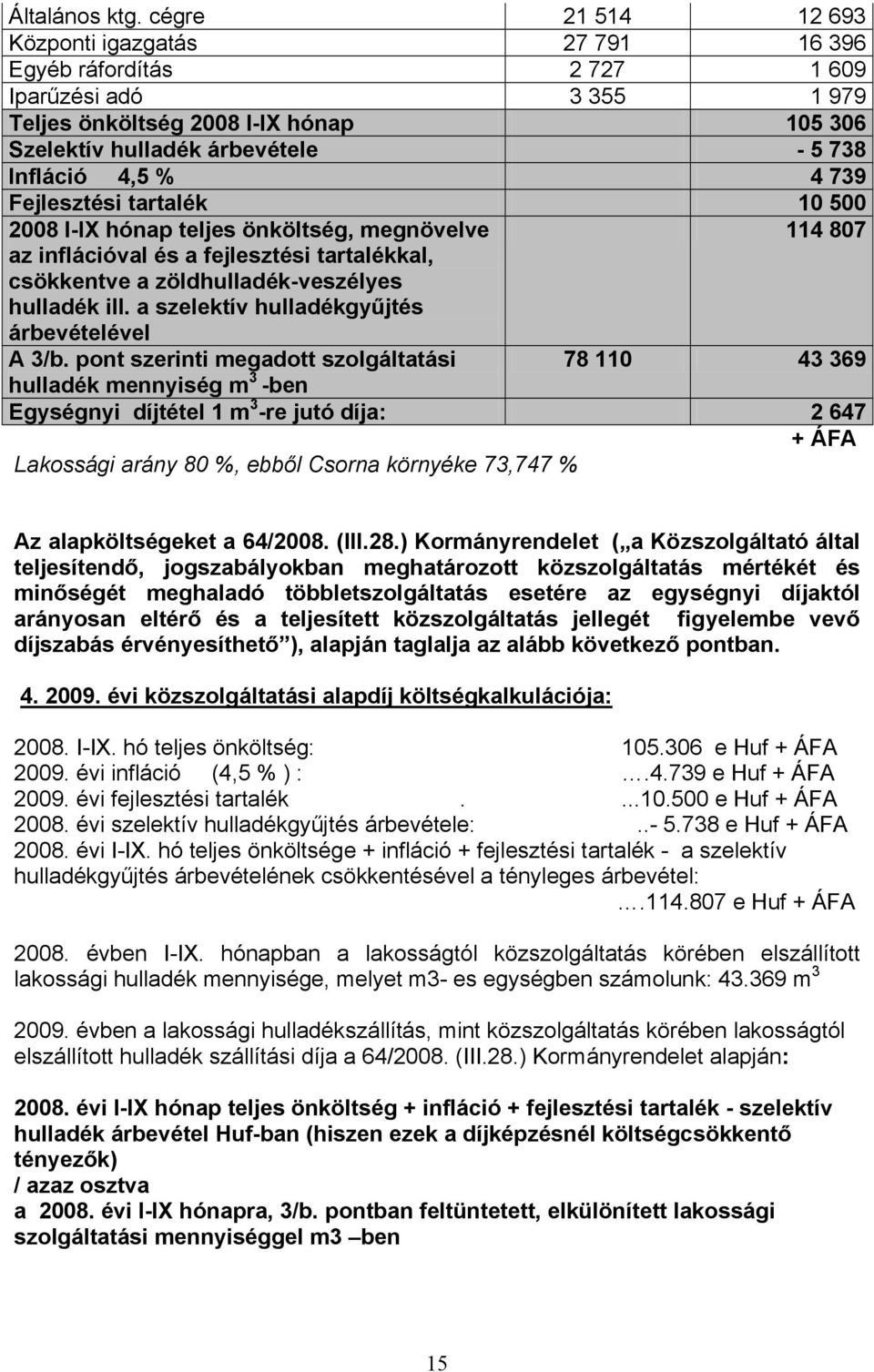 % 4 739 Fejlesztési tartalék 10 500 2008 I-IX hónap teljes önköltség, megnövelve 114 807 az inflációval és a fejlesztési tartalékkal, csökkentve a zöldhulladék-veszélyes hulladék ill.