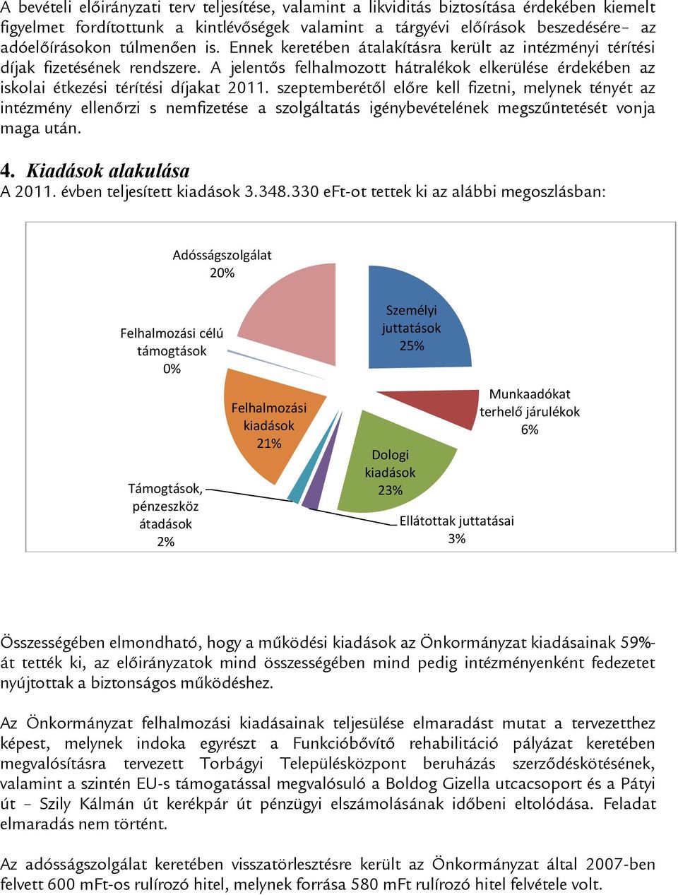 szeptemberétől előre kell fizetni, melynek tényét az intézmény ellenőrzi s nemfizetése a szolgáltatás igénybevételének megszűntetését vonja maga után. 4. Kiadások alakulása A 2011.