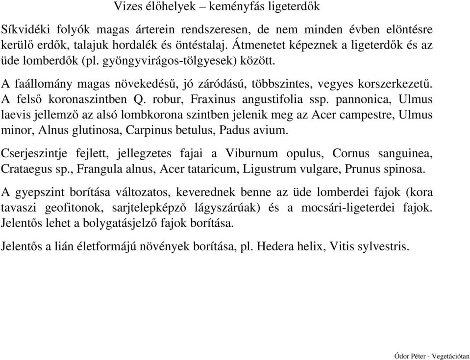 robur, Fraxinus angustifolia ssp. pannonica, Ulmus laevis jellemző az alsó lombkorona szintben jelenik meg az Acer campestre, Ulmus minor, Alnus glutinosa, Carpinus betulus, Padus avium.