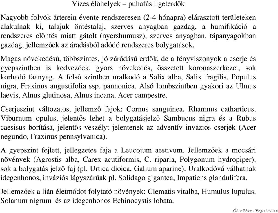 Magas növekedésű, többszintes, jó záródású erdők, de a fényviszonyok a cserje és gyepszintben is kedvezőek, gyors növekedés, összetett koronaszerkezet, sok korhadó faanyag.