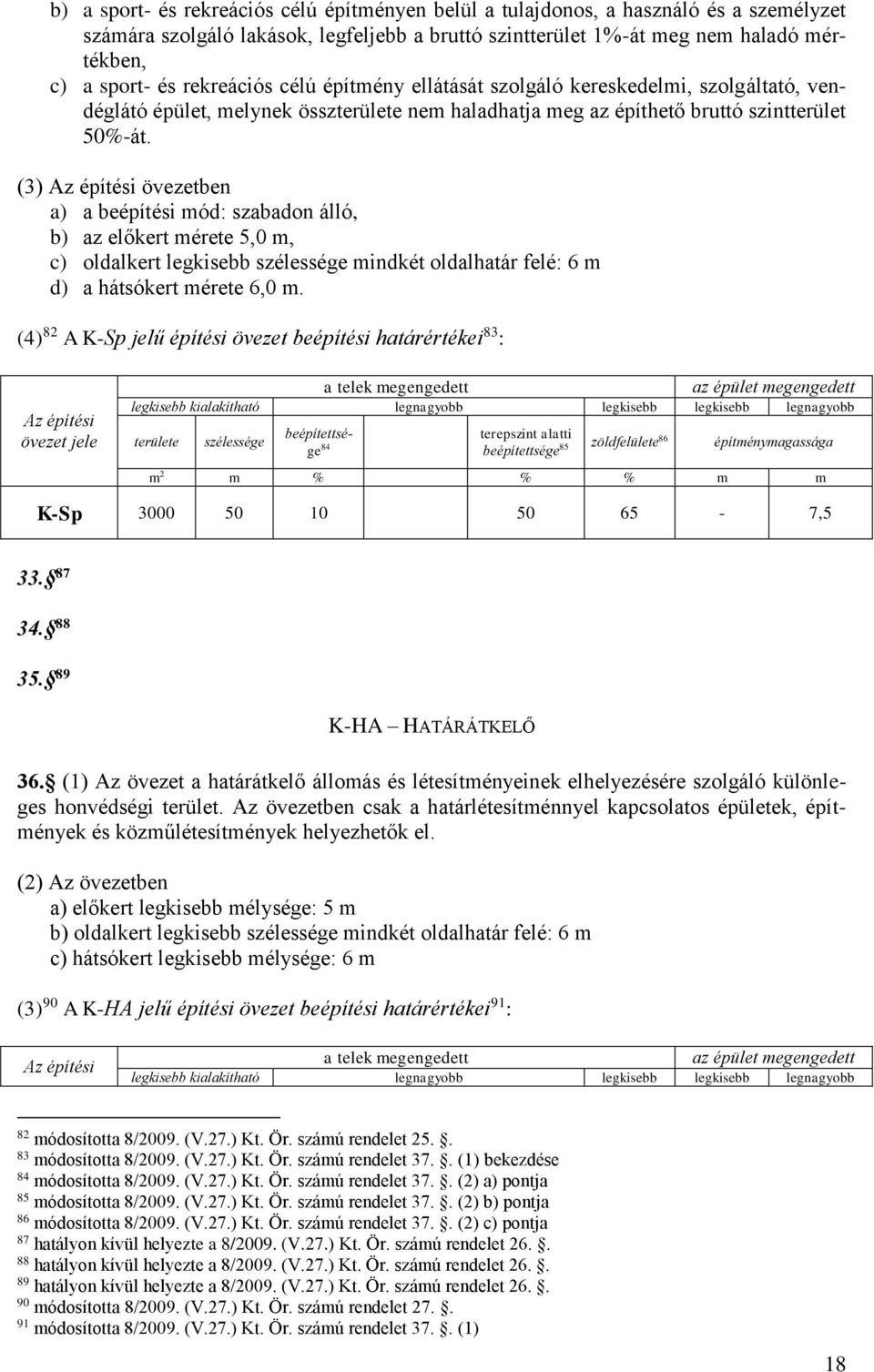 (3) Az építési övezetben a) a beépítési mód: szabadon álló, b) az előkert mérete 5,0 m, c) oldalkert legkisebb szélessége mindkét oldalhatár felé: 6 m d) a hátsókert mérete 6,0 m.