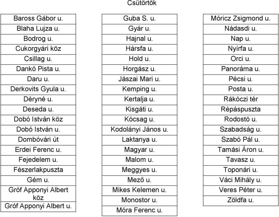 Jászai Mari u. Kemping u. Kertalja u. Kisgáti u. Kócsag u. Kodolányi János u. Laktanya u. Magyar u. Malom u. Meggyes u. Mező u. Mikes Kelemen u. Monostor u. Móra Ferenc u.