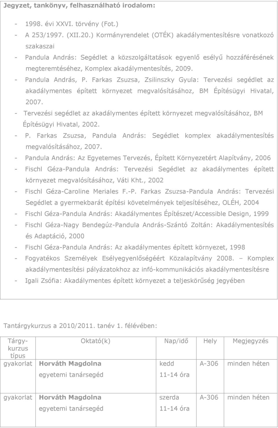 - Pandula András, P. Farkas Zsuzsa, Zsilinszky Gyula: Tervezési segédlet az akadálymentes épített környezet megvalósításához, BM Építésügyi Hivatal, 2007.