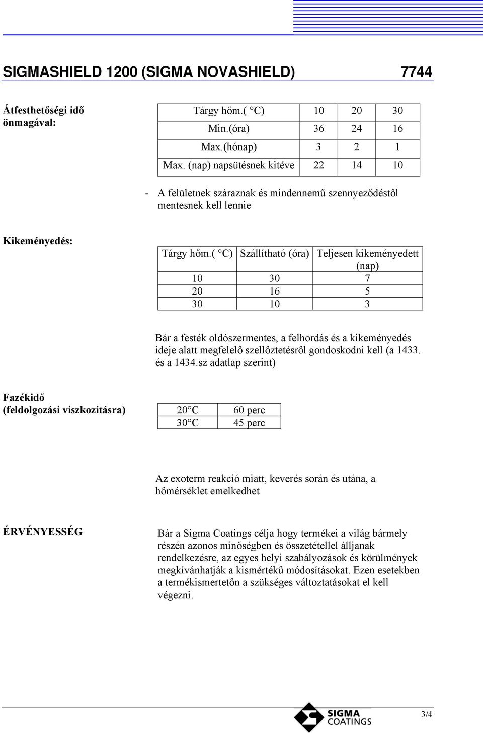 ( C) Szállítható (óra) Teljesen kikeményedett (nap) 10 30 7 20 16 5 30 10 3 Bár a festék oldószermentes, a felhordás és a kikeményedés ideje alatt megfelelő szellőztetésről gondoskodni kell (a 1433.