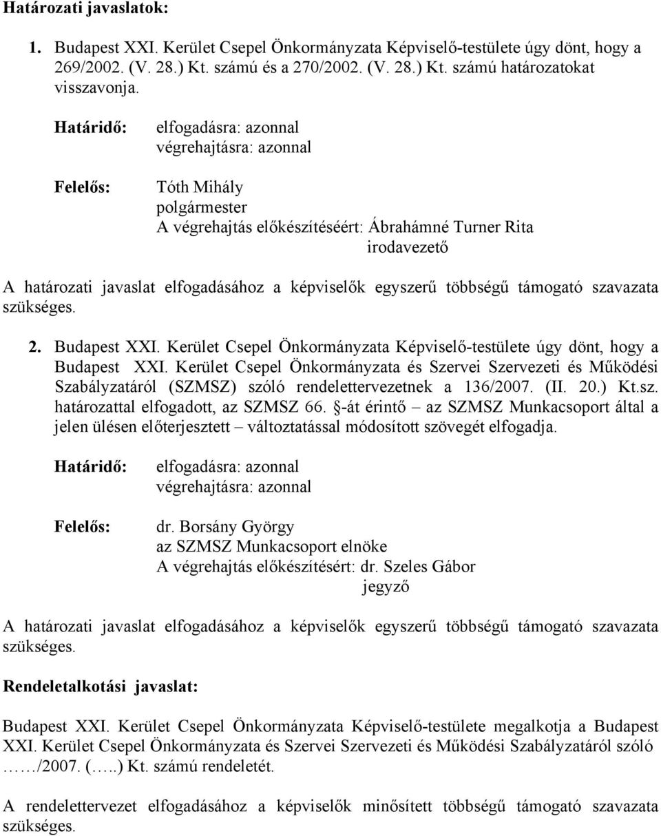 képviselők egyszerű többségű támogató szavazata szükséges. 2. Budapest XXI. Kerület Csepel Önkormányzata Képviselő-testülete úgy dönt, hogy a Budapest XXI.