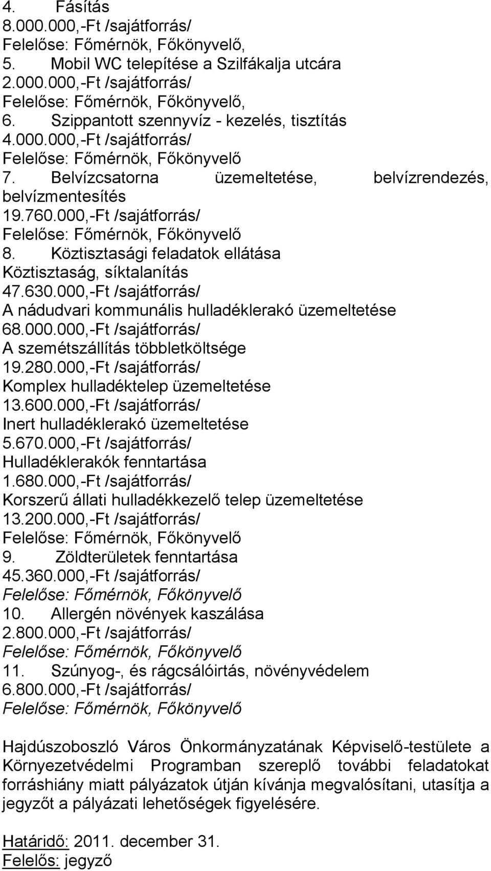 000,-Ft /sajátforrás/ Felelőse: Főmérnök, Főkönyvelő 8. Köztisztasági feladatok ellátása Köztisztaság, síktalanítás 47.630.000,-Ft /sajátforrás/ A nádudvari kommunális hulladéklerakó üzemeltetése 68.